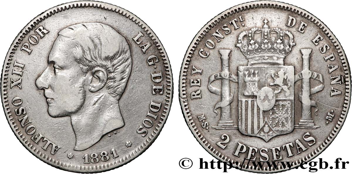 ESPAGNE 2 Pesetas Alphonse XII 1881  TB 