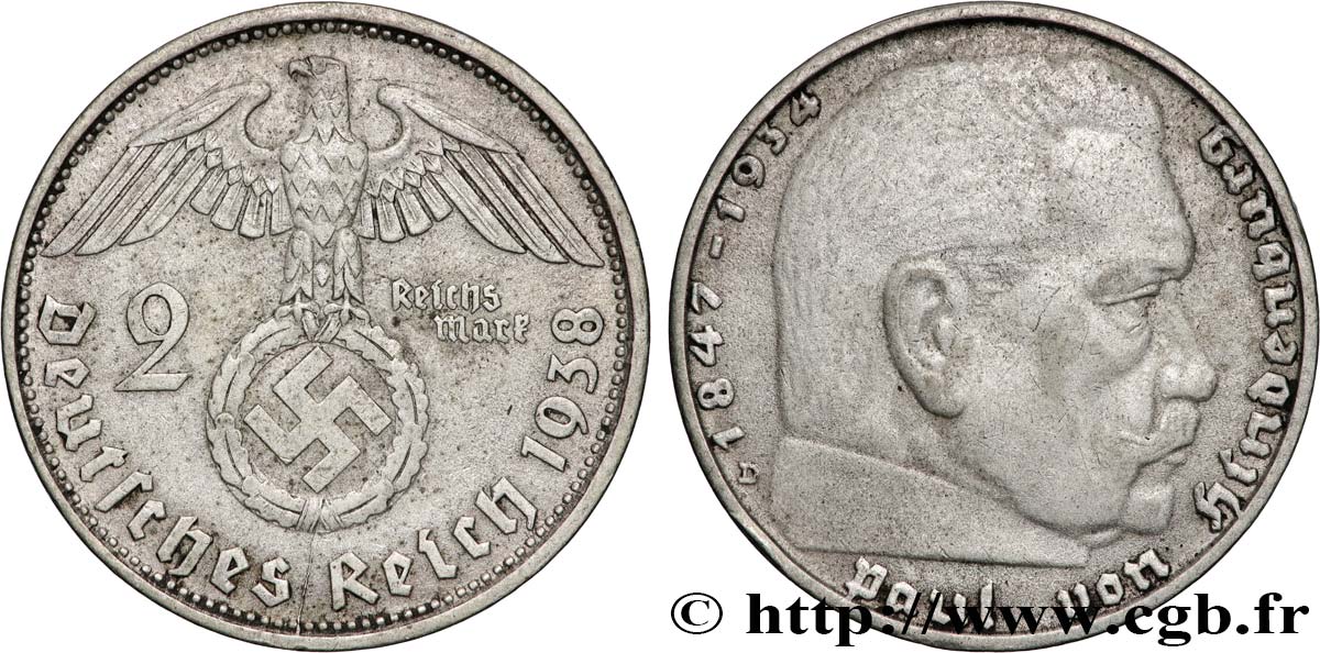 GERMANY 2 Reichsmark Maréchal Paul von Hindenburg 1938 Munich XF 