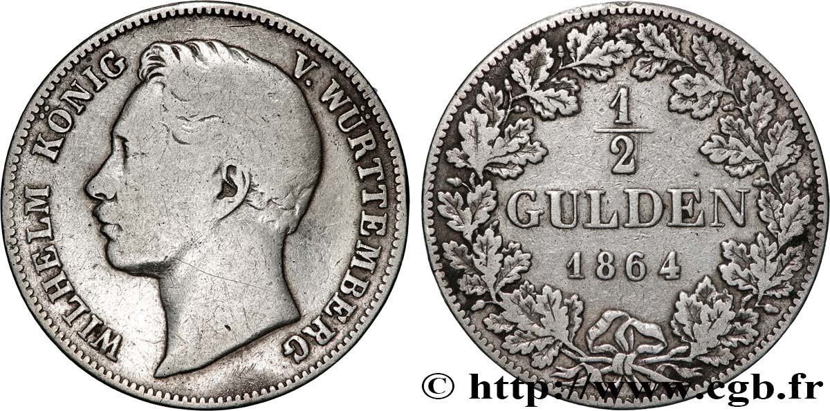 ALLEMAGNE - ROYAUME DE WURTTEMBERG - GUILLAUME I 1/2 Gulden 1864 Stuttgart TB+ 