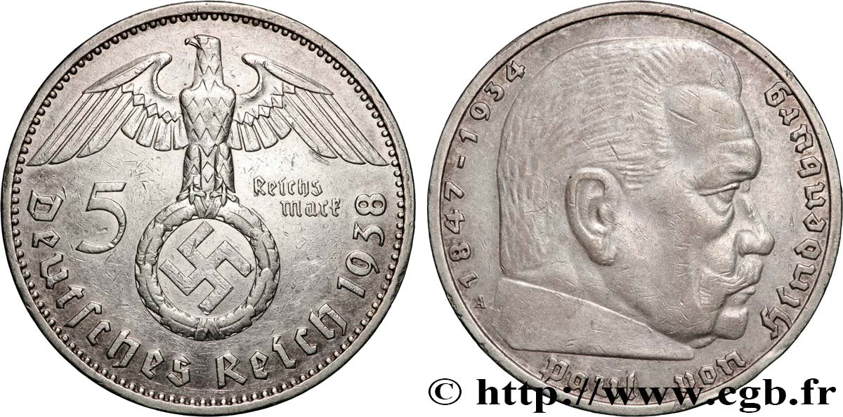 ALLEMAGNE 5 Reichsmark Maréchal Paul von Hindenburg 1938 Berlin TTB+ 