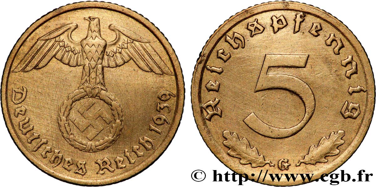 ALLEMAGNE 5 Reichspfennig aigle surmontant une swastika 1939 Karlsruhe - G TTB+ 