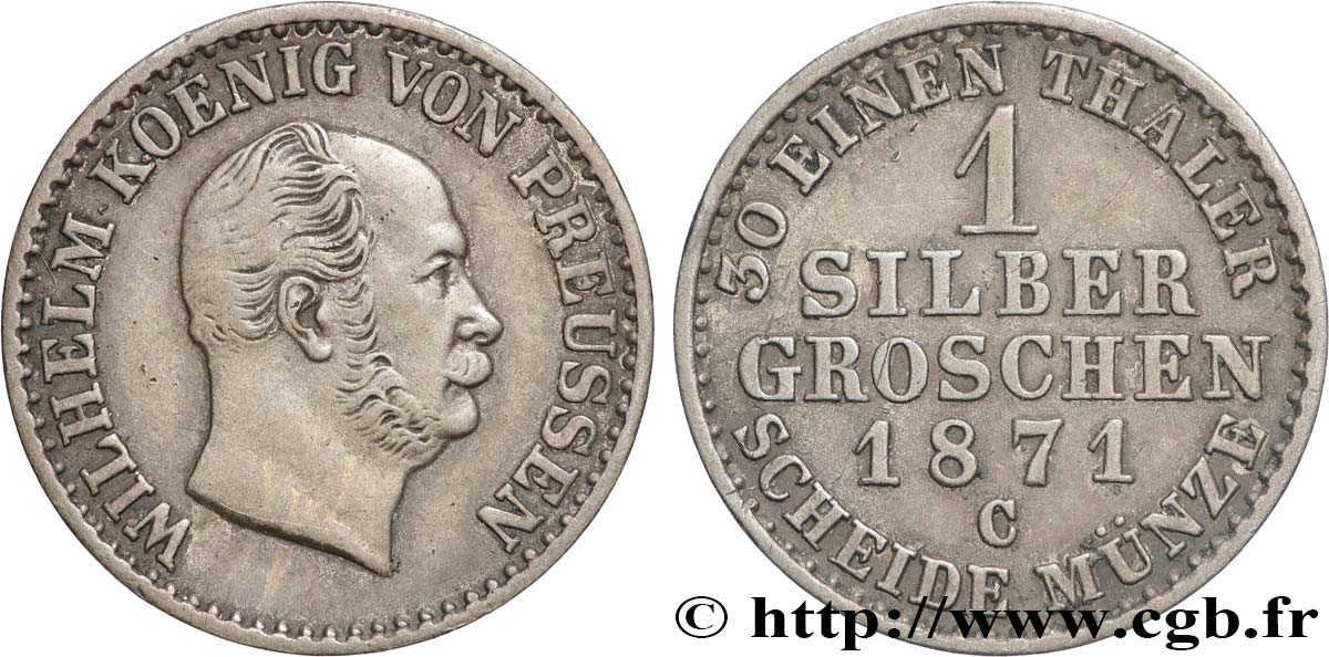 GERMANY - PRUSSIA 1 Silbergroschen (1/30 Thaler) Guillaume 1871 Francfort - C XF 