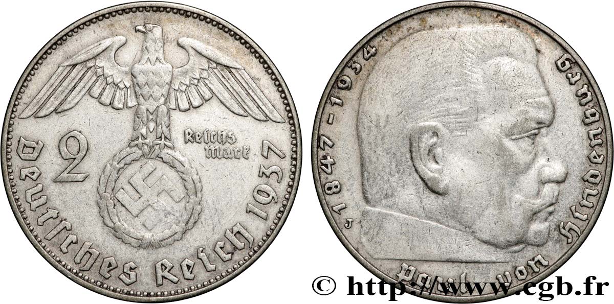 ALLEMAGNE 2 Reichsmark Maréchal Paul von Hindenburg 1937 Hambourg  TTB 