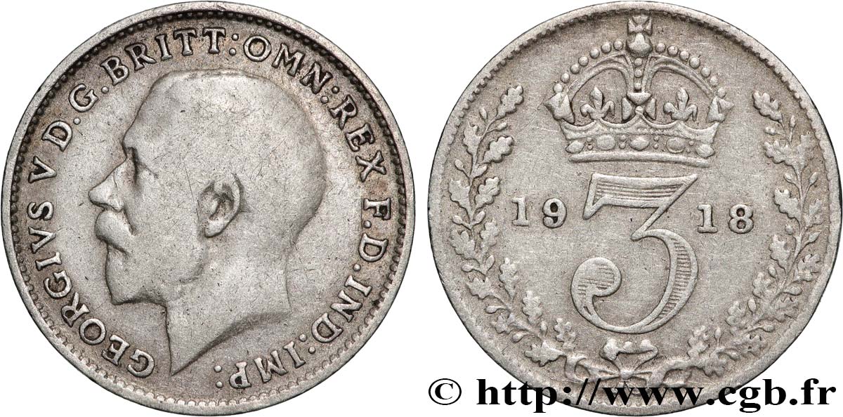 REINO UNIDO 3 Pence Georges V 1918  BC+ 