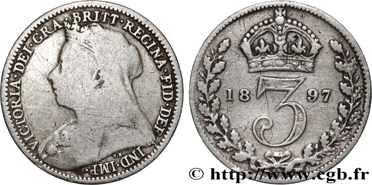 ROYAUME-UNI 3 Pence Victoria buste du jubilé 1897  TB 