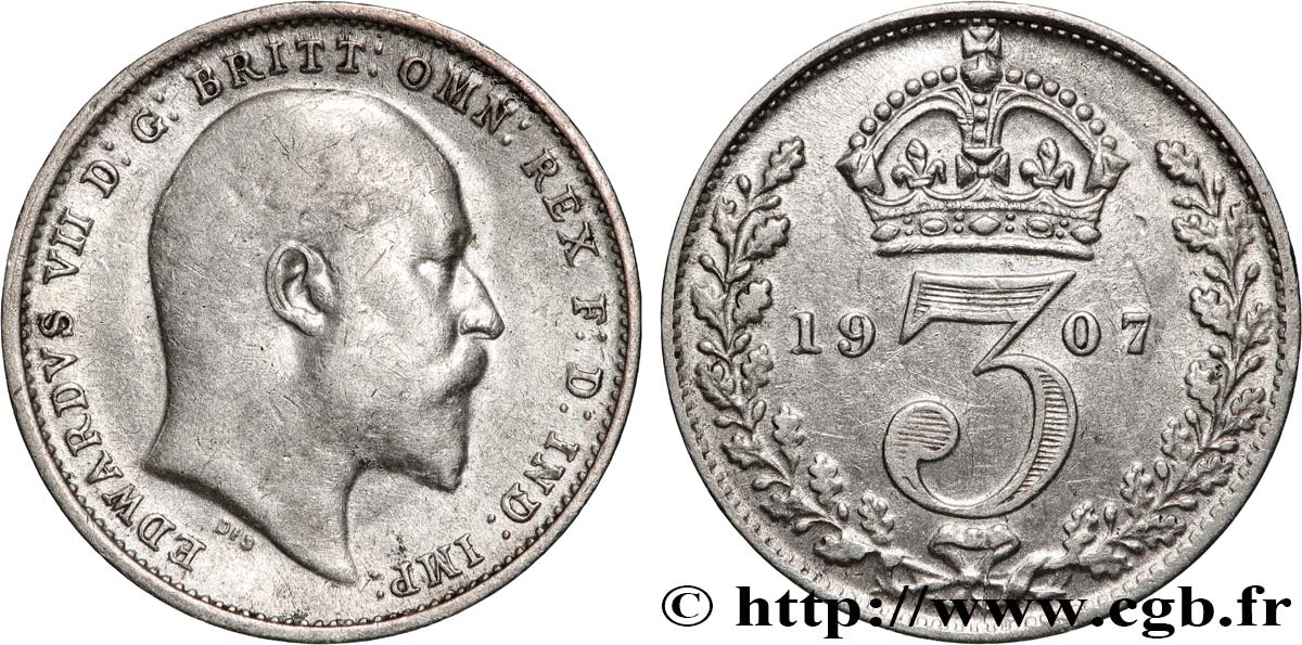 ROYAUME-UNI 3 Pence Edouard VII 1907  TTB 