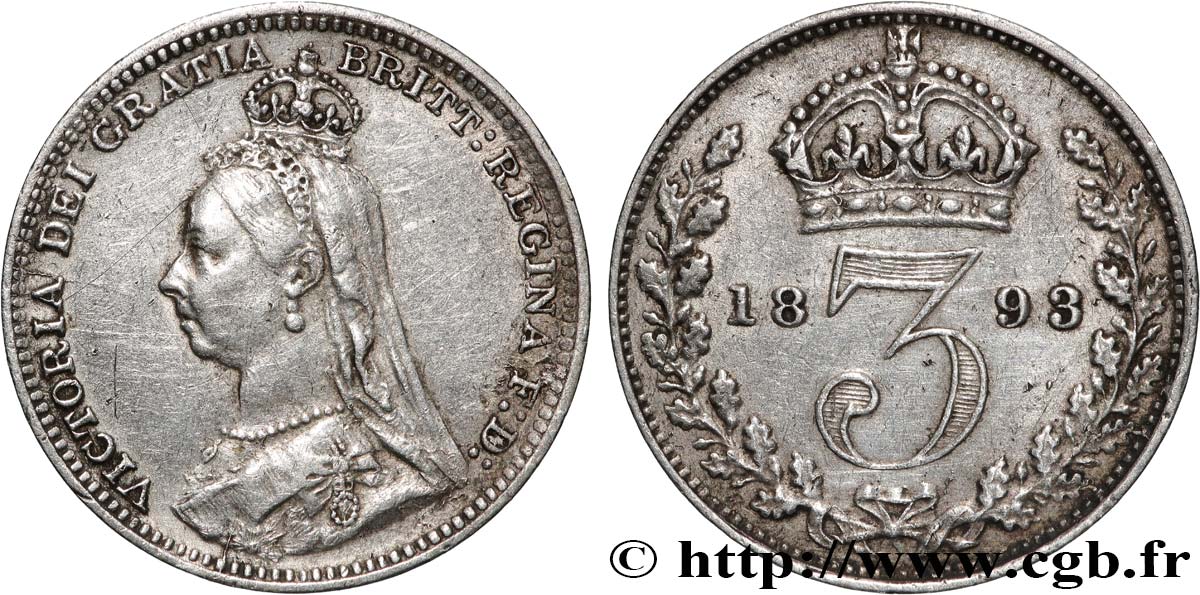 ROYAUME-UNI 3 Pence Victoria buste du jubilé 1893  TTB 