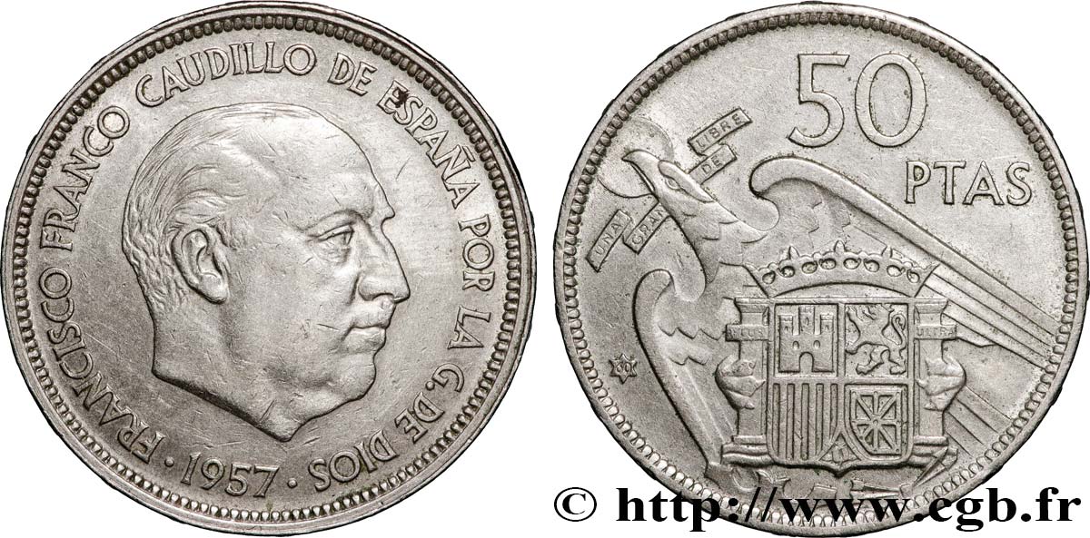 ESPAGNE 50 Pesetas Francisco Franco (60 dans l’étoile) 1957 Madrid TTB+ 