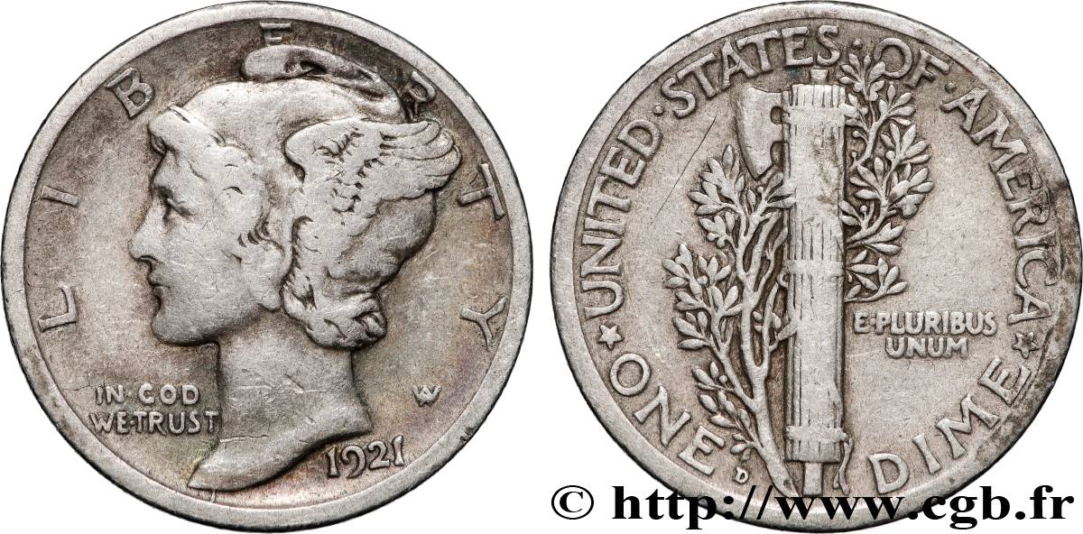 ÉTATS-UNIS D AMÉRIQUE 1 Dime Mercury 1921 Denver TB 