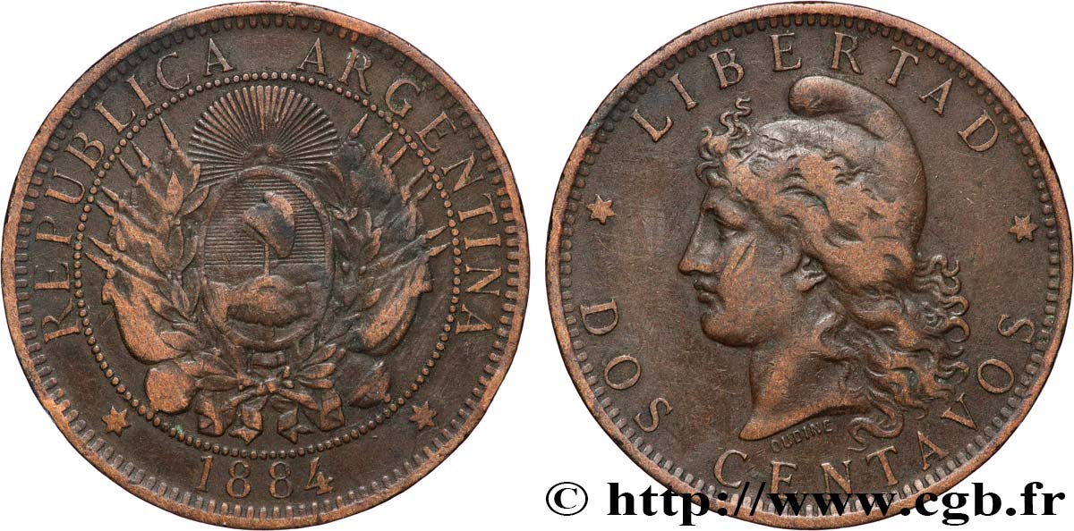 ARGENTINIEN 2 Centavos emblème / “Liberté” 1884  fSS 