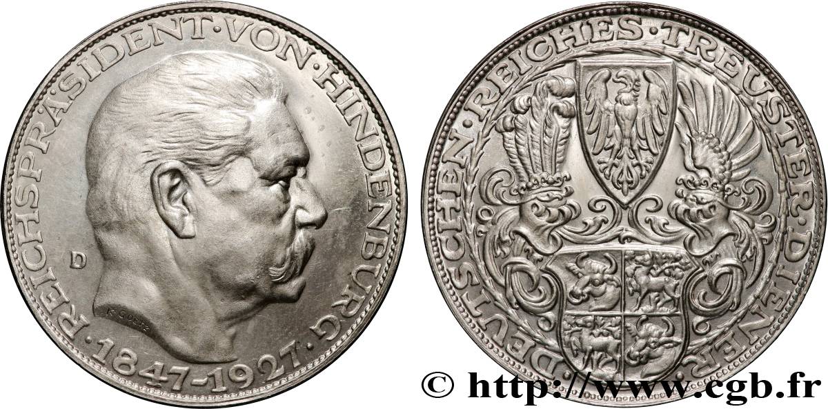 ALLEMAGNE Module de 5 Reichsmark 80e anniversaire du Maréchal von Hindenburg 1927 Munich SPL 