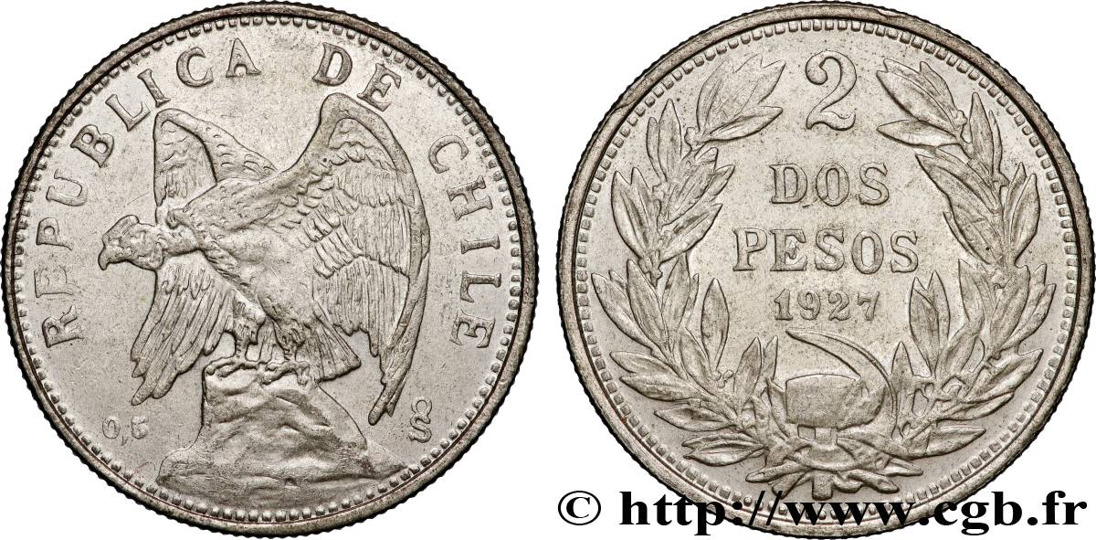 CHILI 2 Pesos Condor 1927 Santiago SUP 