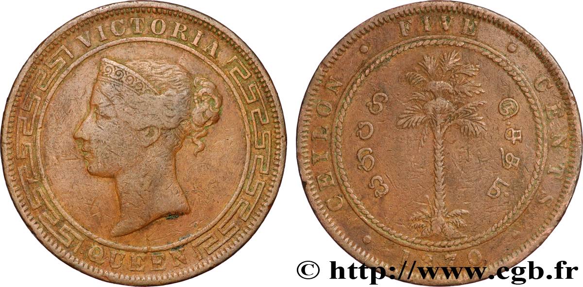 CEYLON 5 Cents Victoria 1870 Calcutta MB/BB 