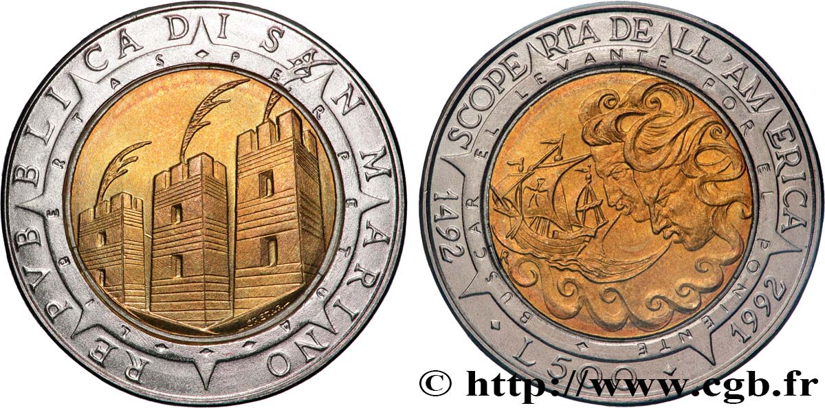 SAN MARINO 500 Lire 500e anniversaire de la découverte de l’Amérique 1992 Rome - R MS 