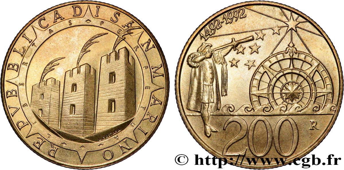 SAN MARINO 200 Lire 500e anniversaire de la découverte de l’Amérique 1992 Rome - R MS 