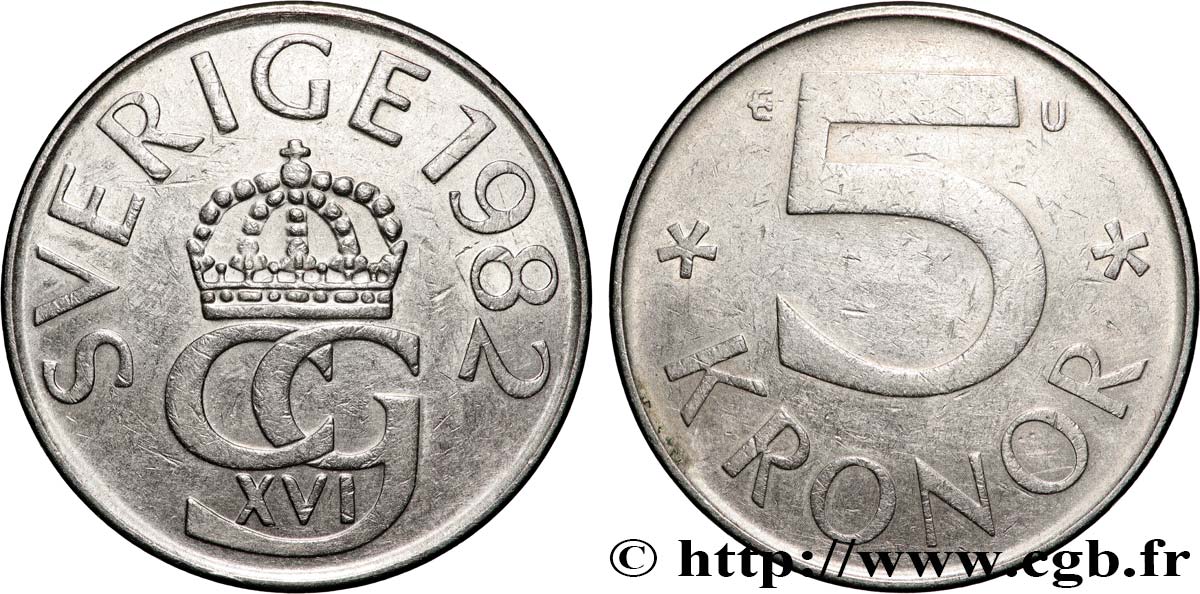 SWEDEN 5 Kronor Charles XVI Gustave 1982 Stockholm AU 
