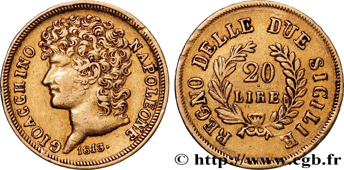 ITALY - KINGDOM OF NAPLES - JOACHIM MURAT 20 Lire or, rameaux longs 1813 Naples XF 