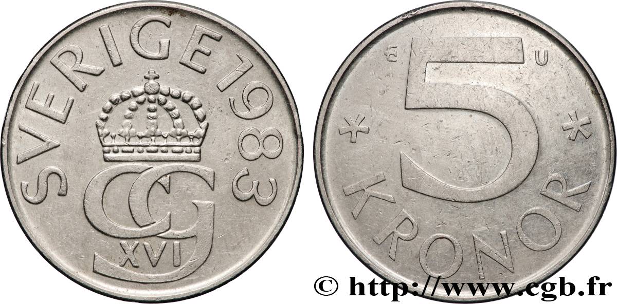 SUÈDE 5 Kronor Charles XVI Gustave 1983 Stockholm SUP 