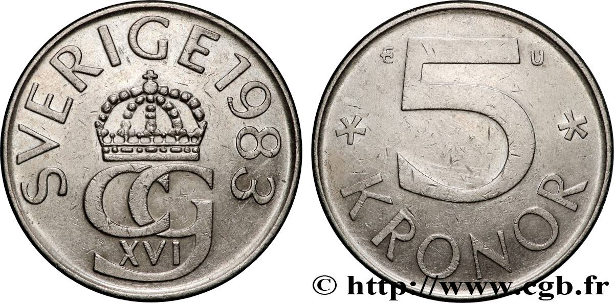 SWEDEN 5 Kronor Charles XVI Gustave 1983 Stockholm AU 