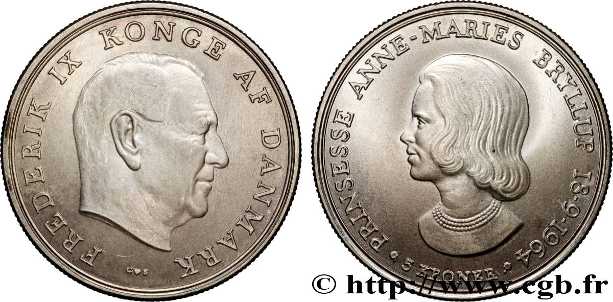 DÄNEMARK 5 Kroner mariage de la princesse Anne-Marie 1964 Copenhague VZ 