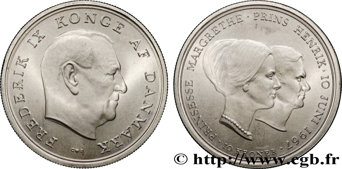 DANEMARK 10 Kroner mariage de la princesse Margrethe 1967 Copenhague SUP 