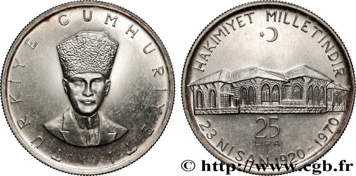 TURKEY 25 Lira Proof Assemblée Nationale 1970 Istanbul MS 