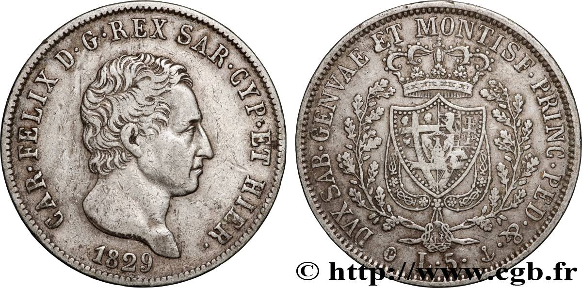 ITALIA - REGNO DE SARDINIA - CARLO FELICE 5 Lire  1829 Gênes BB 