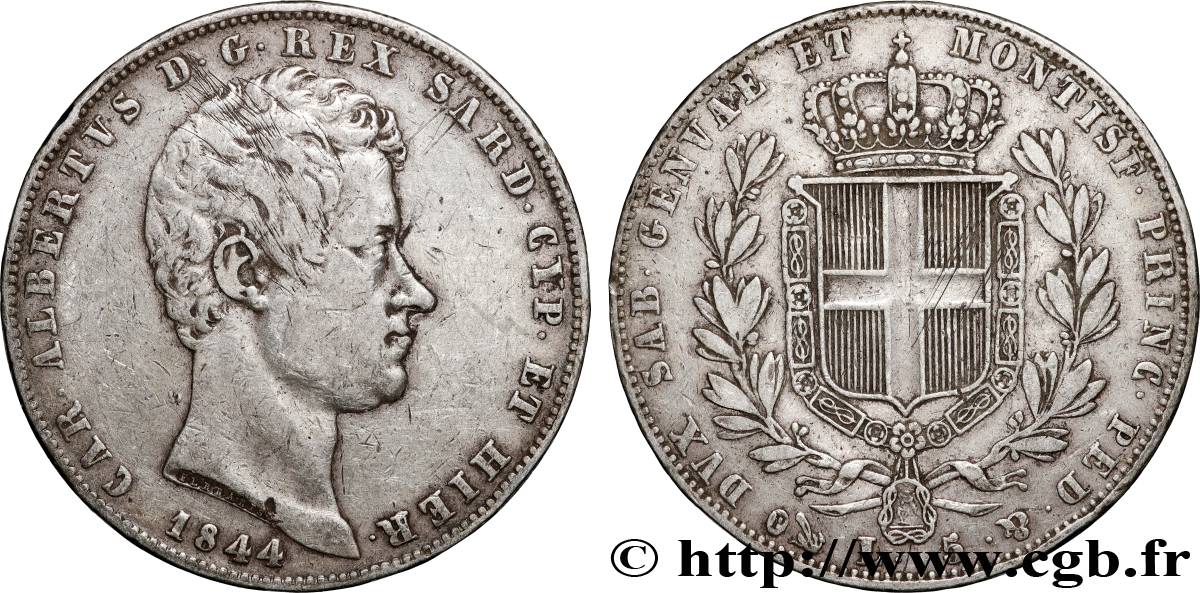 ITALY - KINGDOM OF SARDINIA 5 Lire Charles Albert 1844 Gênes XF 