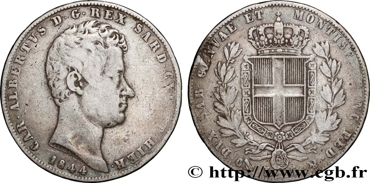 ITALIE - ROYAUME DE SARDAIGNE 5 Lire Charles Albert 1844 Gênes TB+ 