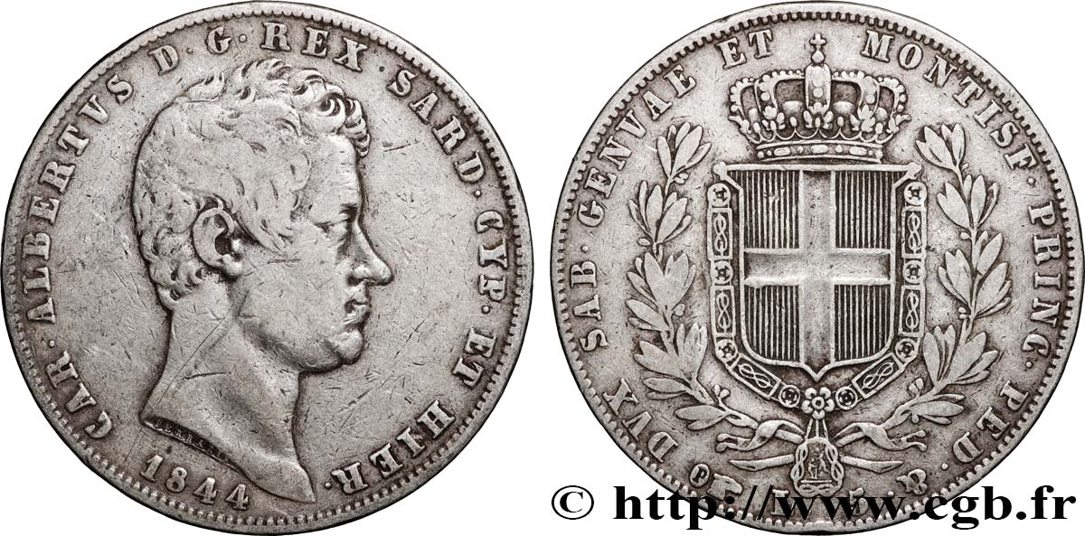 ITALIE - ROYAUME DE SARDAIGNE - CHARLES-ALBERT 5 Lire Charles Albert, roi de Sardaigne 1844 Turin TTB 