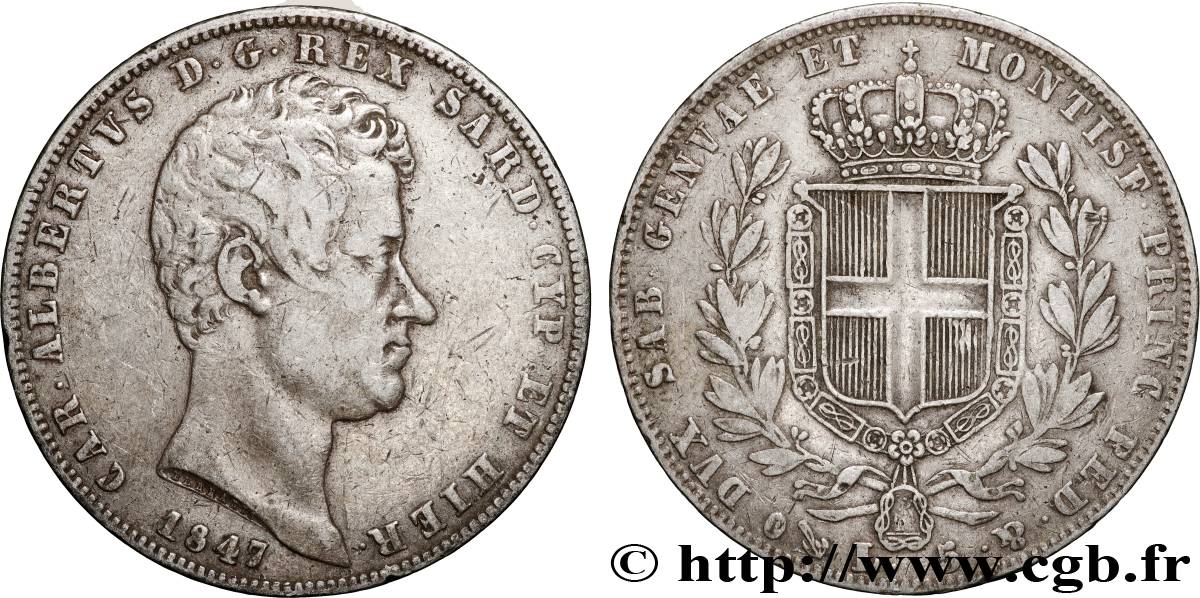 ITALIA - REINO DE CERDEÑA  - CARLO ALBERTO 5 Lire  1847 Gênes BC+ 