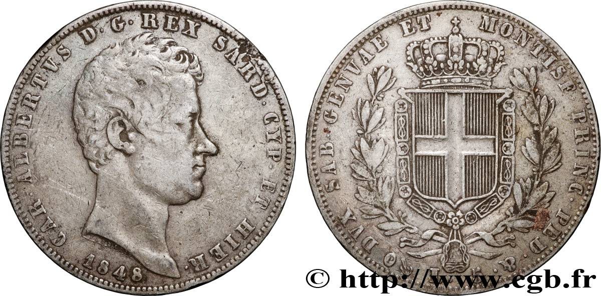 ITALIE - ROYAUME DE SARDAIGNE - CHARLES-ALBERT 5 Lire  1848 Gênes TB+ 