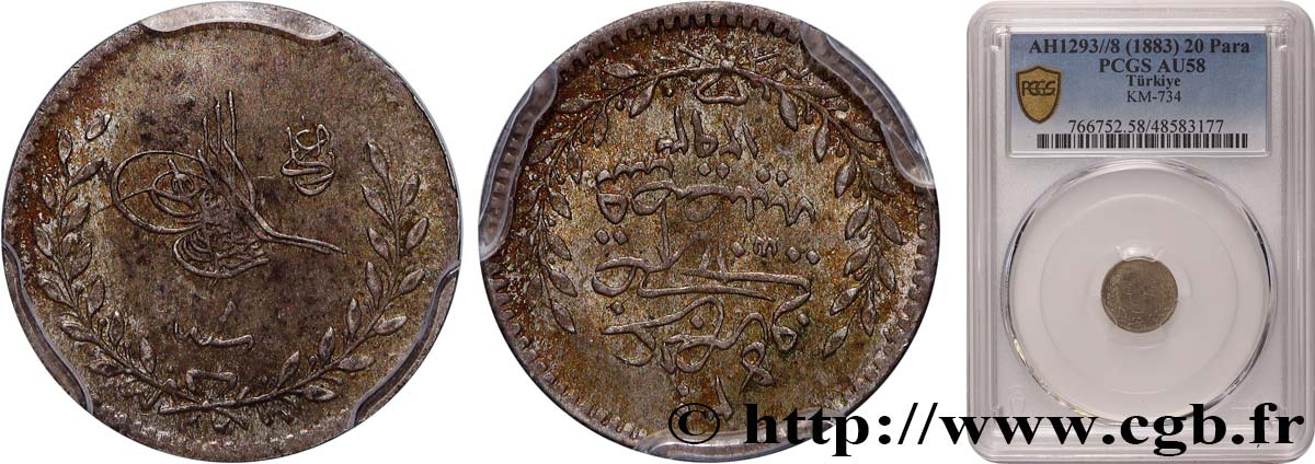 TURQUIE 20 Para au nom d’Abdul Hamid II AH1293 an 8 1883  SUP58 PCGS