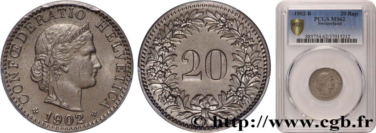 SUISSE 20 Centimes (Rappen) Helvetia 1902 Berne SUP62 PCGS