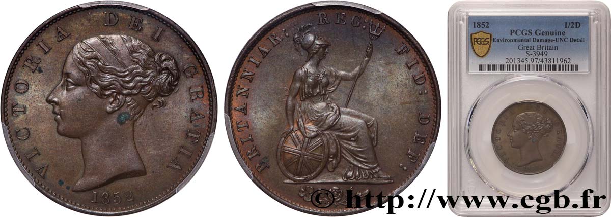 GRANDE BRETAGNE - VICTORIA 1/2 Penny Victoria tête jeune 1852 Londres SPL PCGS