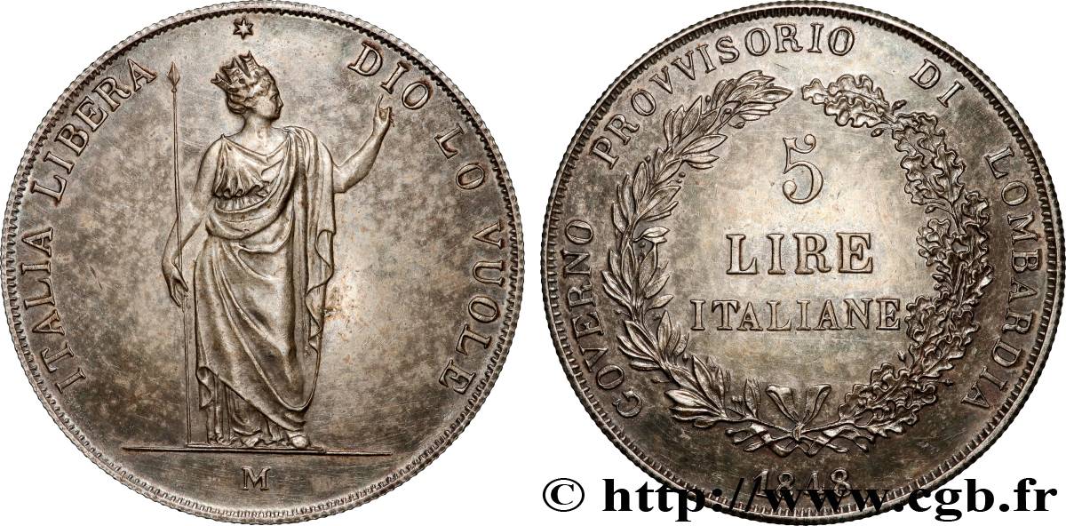 LOMBARDIE - GOUVERNEMENT PROVISOIRE 5 Lire 1848 Milan SUP 