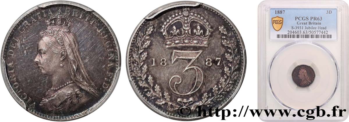 ROYAUME-UNI 3 Pence Victoria buste du jubilé Proof 1887  SPL63 PCGS