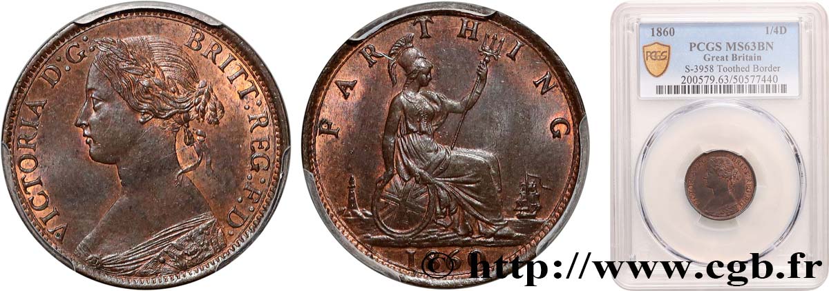 UNITED KINGDOM 1 Farthing Victoria “Bun Head” 1860  MS63 PCGS