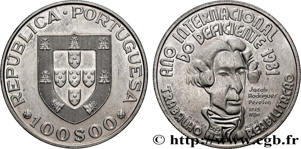 PORTUGAL 100 Escudos année internationale des handicapés 1981 Lisbonne SUP 
