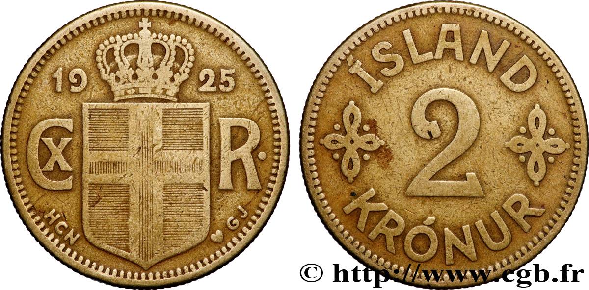 ISLANDA 2 Kronur Christian X 1925  BB 