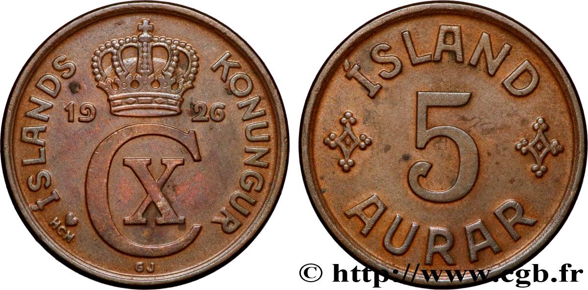 ISLANDIA 5 Aurar Christian X 1926
 Copenhague EBC 