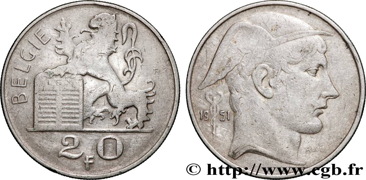 BELGIQUE 20 Francs Mercure, légende flamande 1951  TB+ 