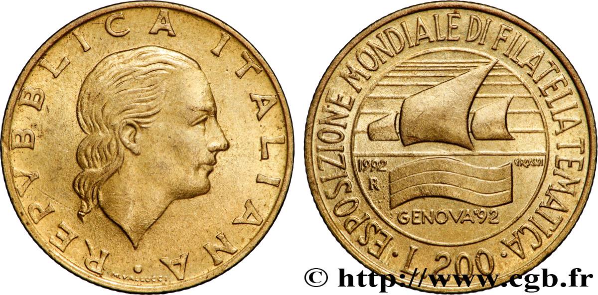 ITALIEN 200 Lire Genova ‘92 Mondial de Philatélie 1992 Rome - R VZ 