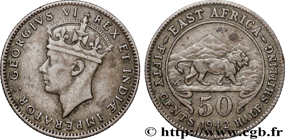 ÁFRICA ORIENTAL BRITÁNICA 50 Cents (1/2 Shilling) Georges VI 1942 Heaton MBC 