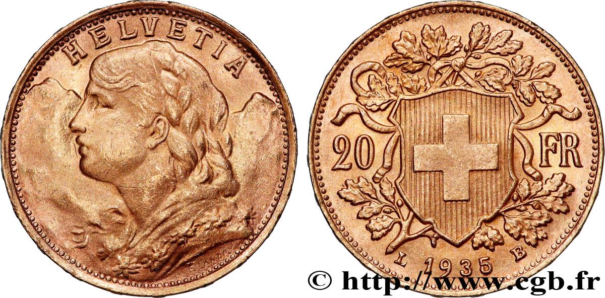 INVESTMENT GOLD 20 Francs  Vreneli  1935 Berne AU 