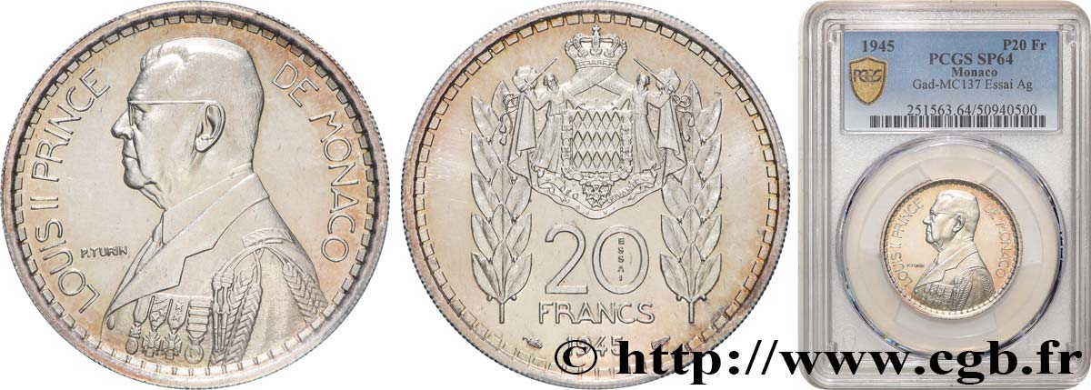 MONACO - PRINCIPALITY OF MONACO - LOUIS II Essai de 20 Francs Turin en argent 1945 Paris MS64 PCGS