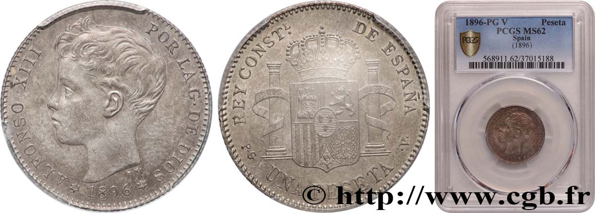 ESPAGNE 1 Peseta Alphonse XIII, 3e type 1896 Madrid SUP62 PCGS