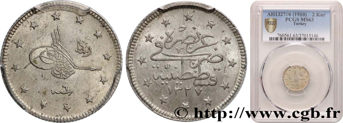 TURQUIE 2 Kurush Mehmet V AH 1327 an 6 (1910) Constantinople SPL63 PCGS