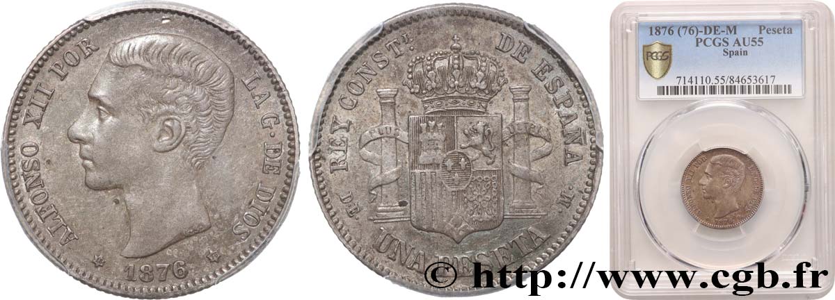 ESPAGNE 1 Peseta Alphonse XII 1876 Madrid SUP55 PCGS