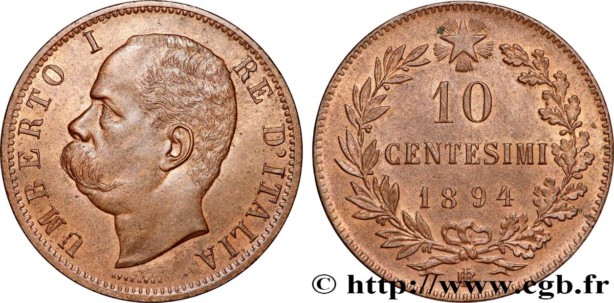 ITALIE - ROYAUME D ITALIE - HUMBERT Ier 10 Centesimi  1894 Birmingham SUP 